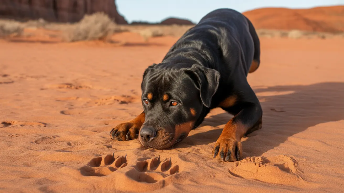 Rottweiler lying low on sandy desert terrain near bear-like paw prints