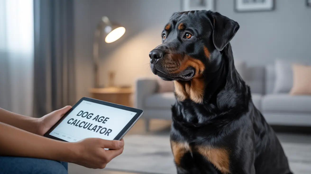 A Rottweiler sitting attentively next to a person holding a tablet displaying a 'Dog Age Calculator'