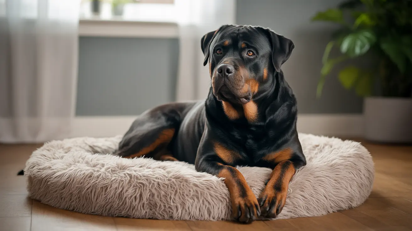Rottweiler resting on a plush round dog bed in a modern living room