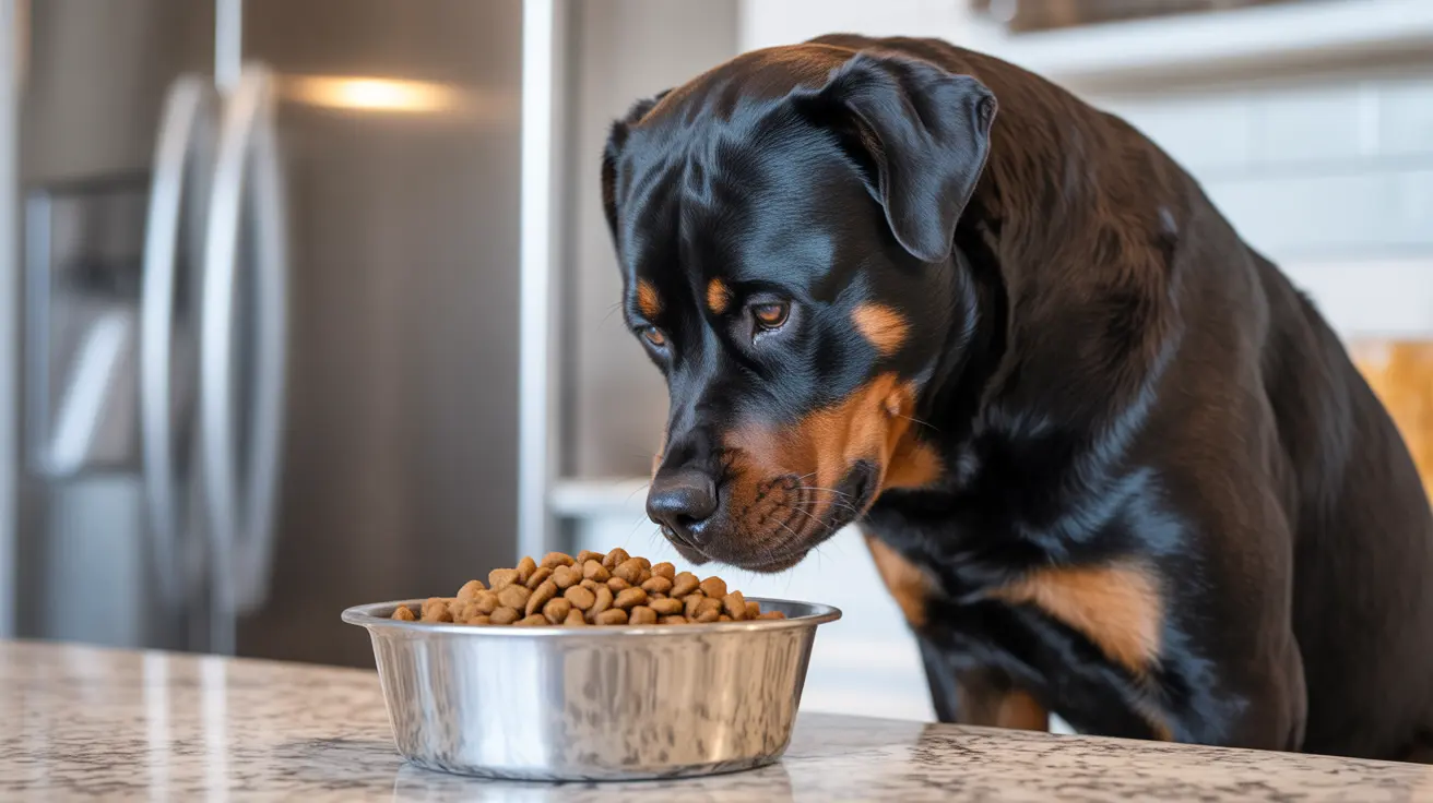 Un chien Rottweiler regardant attentivement un bol de nourriture sèche pour chien sur un comptoir de cuisine