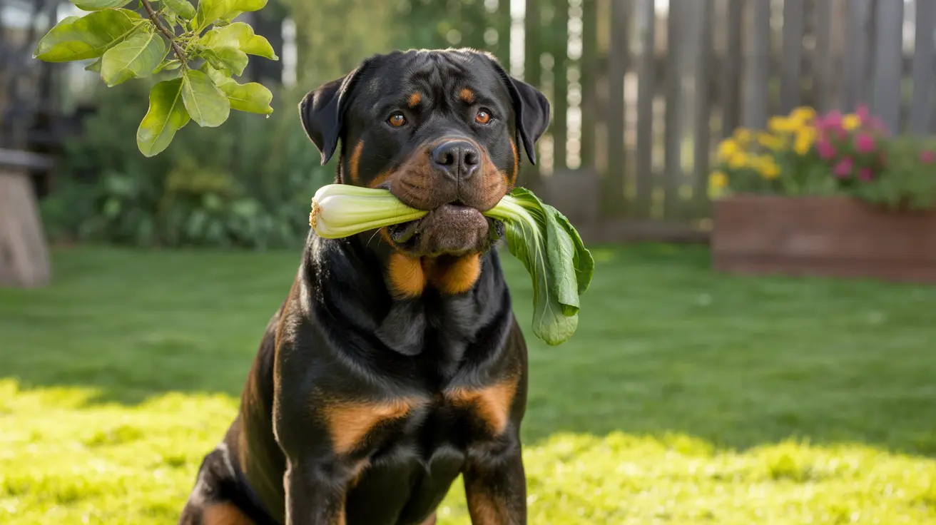 A Rottweiler dog holding a large green leek or celery stalk in its mouth while sitting in a backyard garden