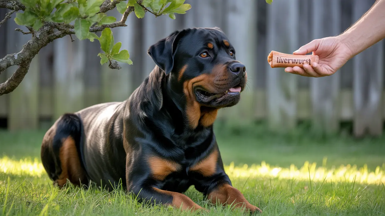 A well-trained Rottweiler sitting in a grassy backyard with a liverwurst treat being offered by a hand