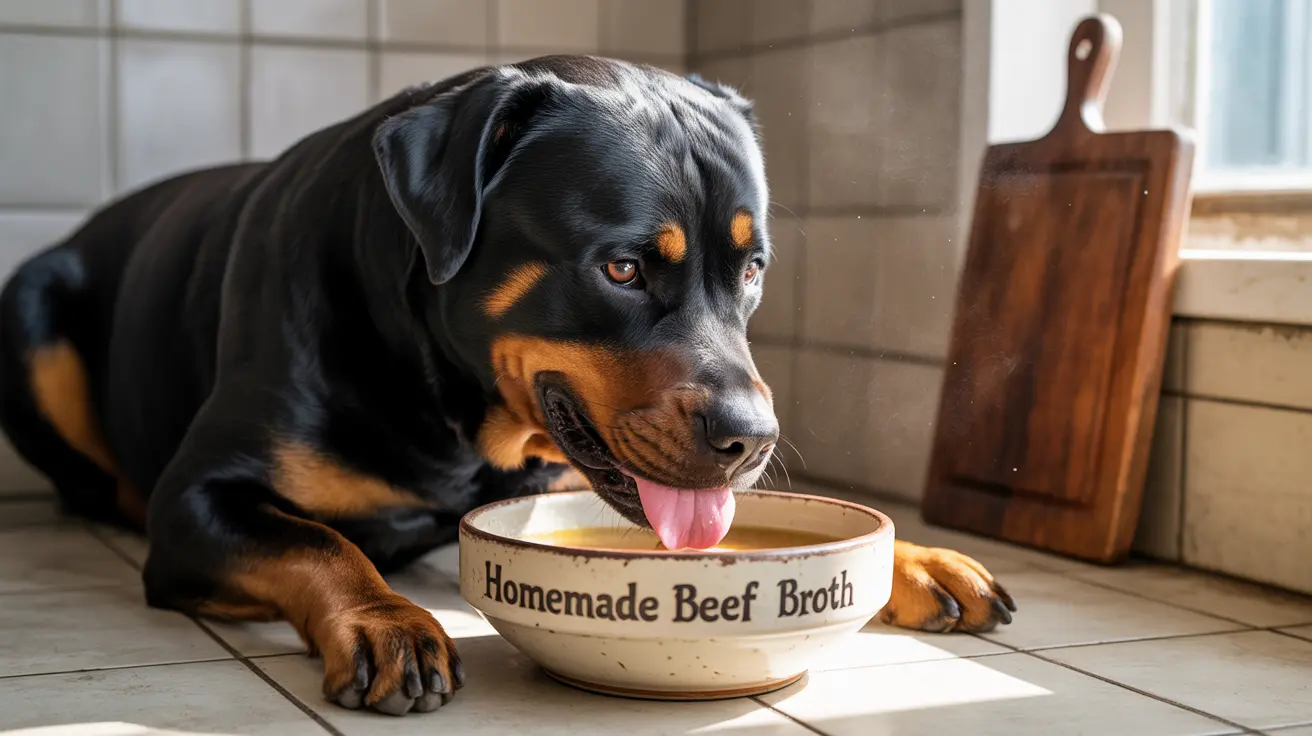 A Rottweiler drinking homemade beef broth from a bowl in a kitchen