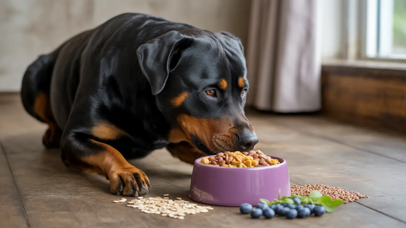 Rottweiler eating from a purple food bowl on a wooden floor indoors
