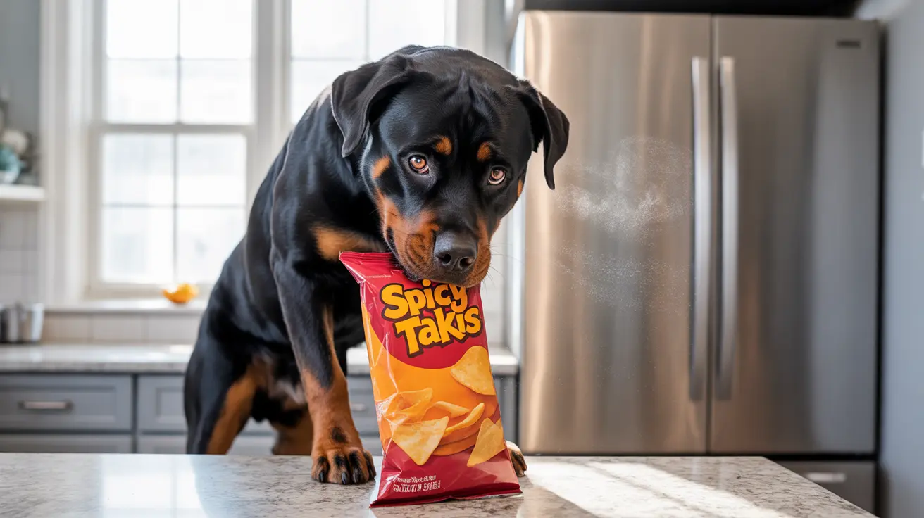 A Rottweiler trying to eat a bag of Spicy Takis chips in a modern kitchen