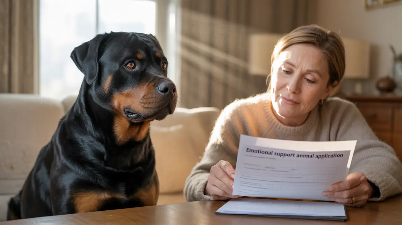 A Rottweiler sitting attentively beside a person filling out an emotional support animal application form