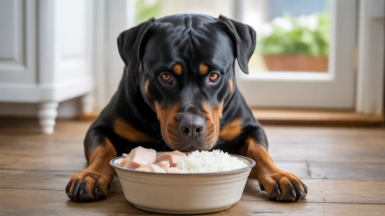 A focused Rottweiler sitting in front of a bowl of food with rice and meat