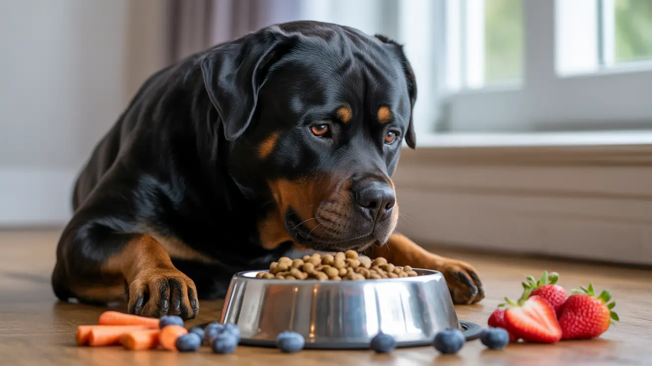 Rottweiler lying next to a metal bowl filled with kibble, surrounded by fresh fruits and vegetables on wooden floor indoors