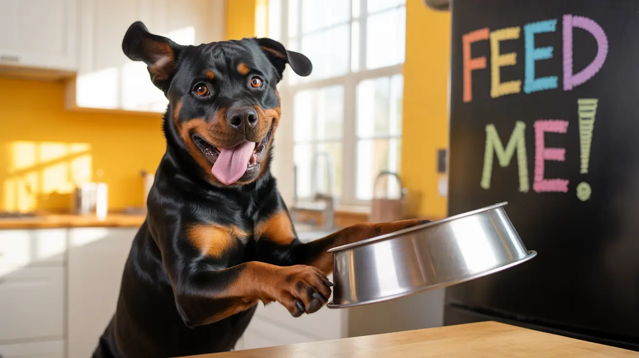A playful Rottweiler holding a food bowl and requesting to be fed