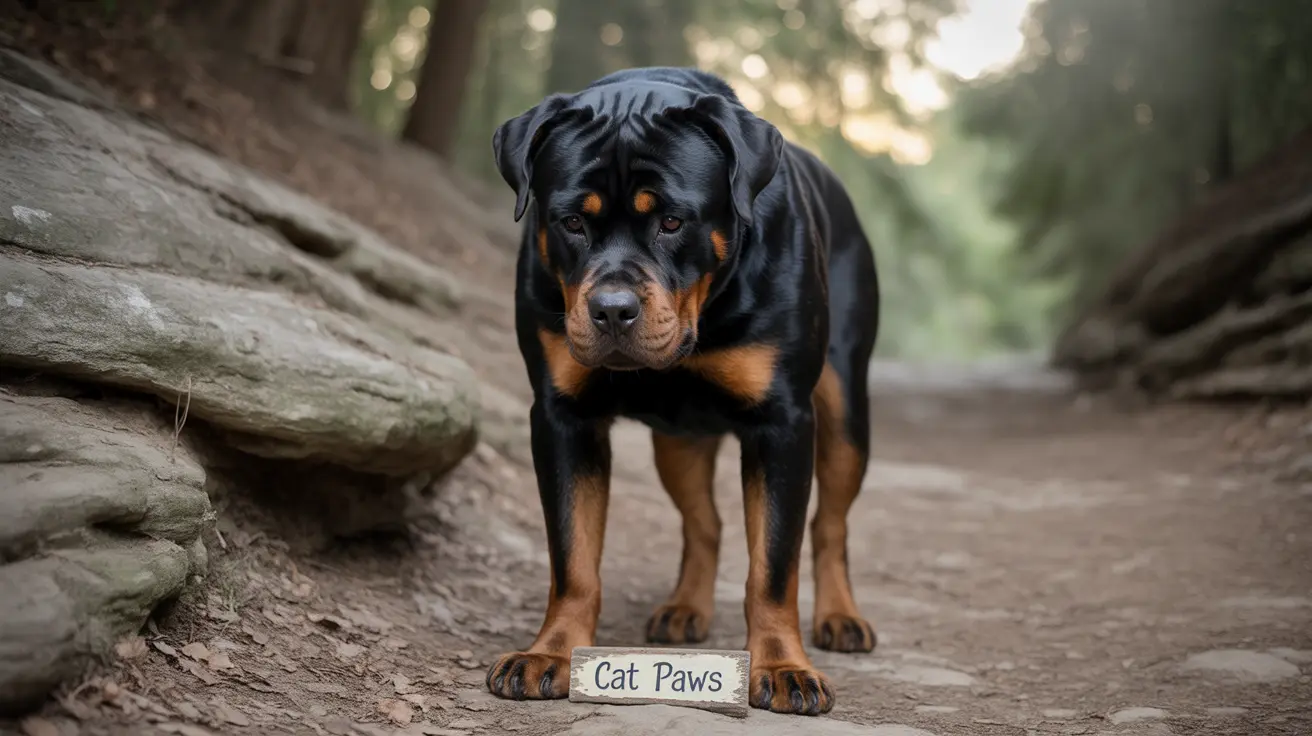 A powerful Rottweiler standing on a forest path near a wooden sign that reads 'Cat Paws'