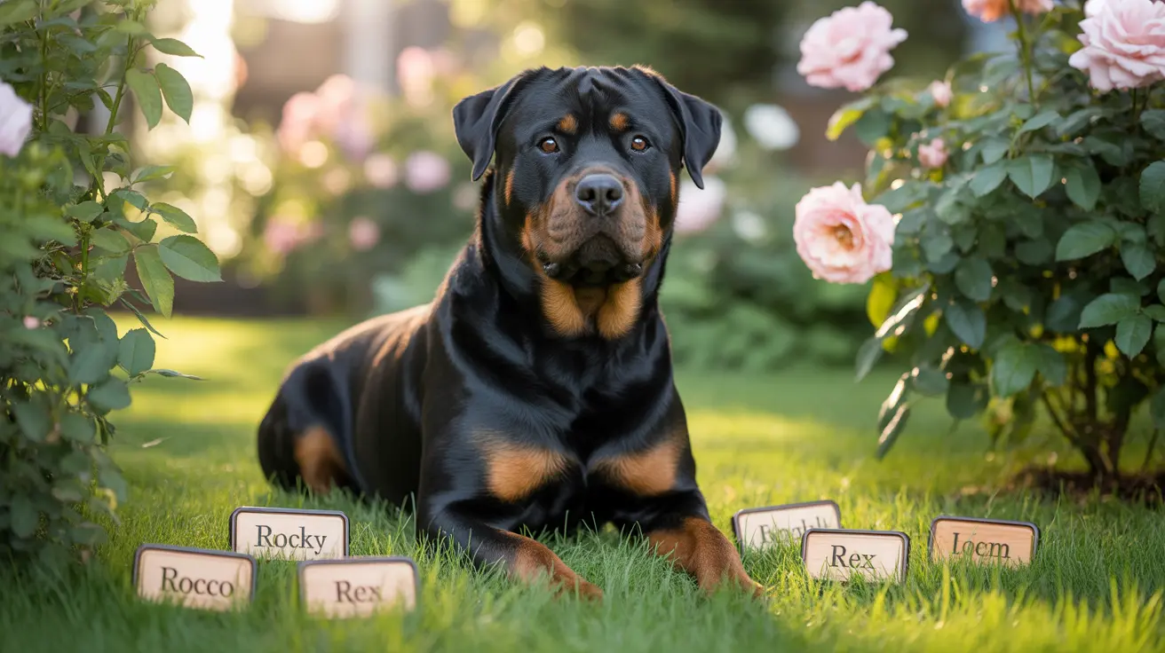 A powerful Rottweiler sitting attentively in a garden with name tags around him