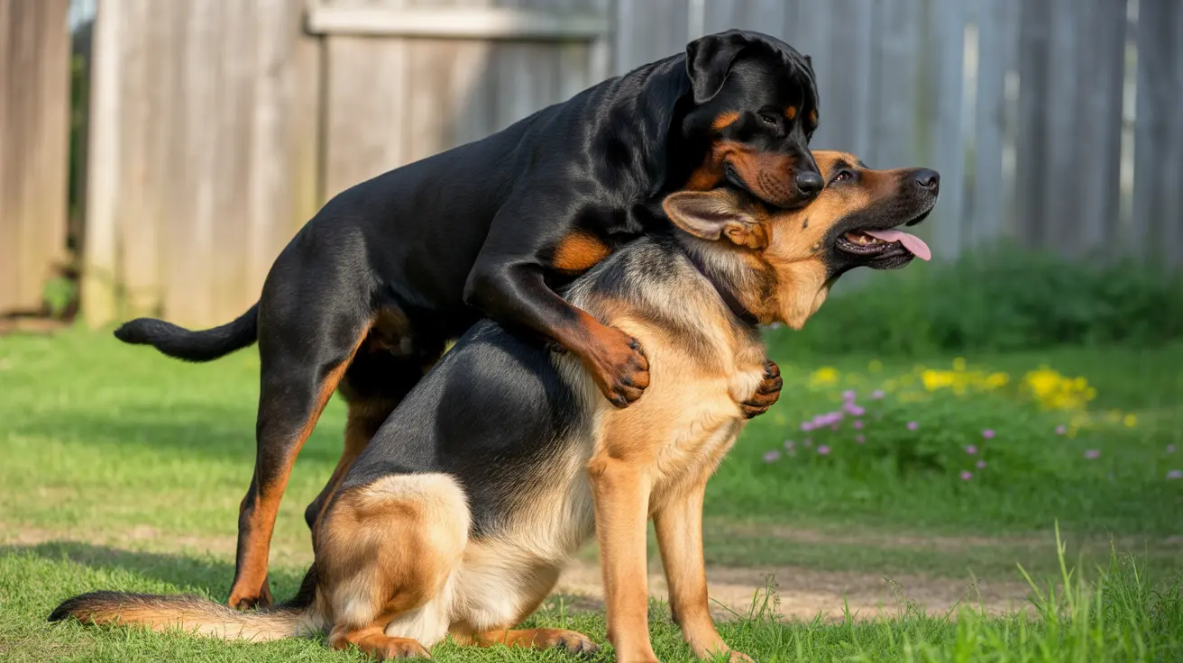 A black Rottweiler and a German Shepherd playfully interacting in a backyard