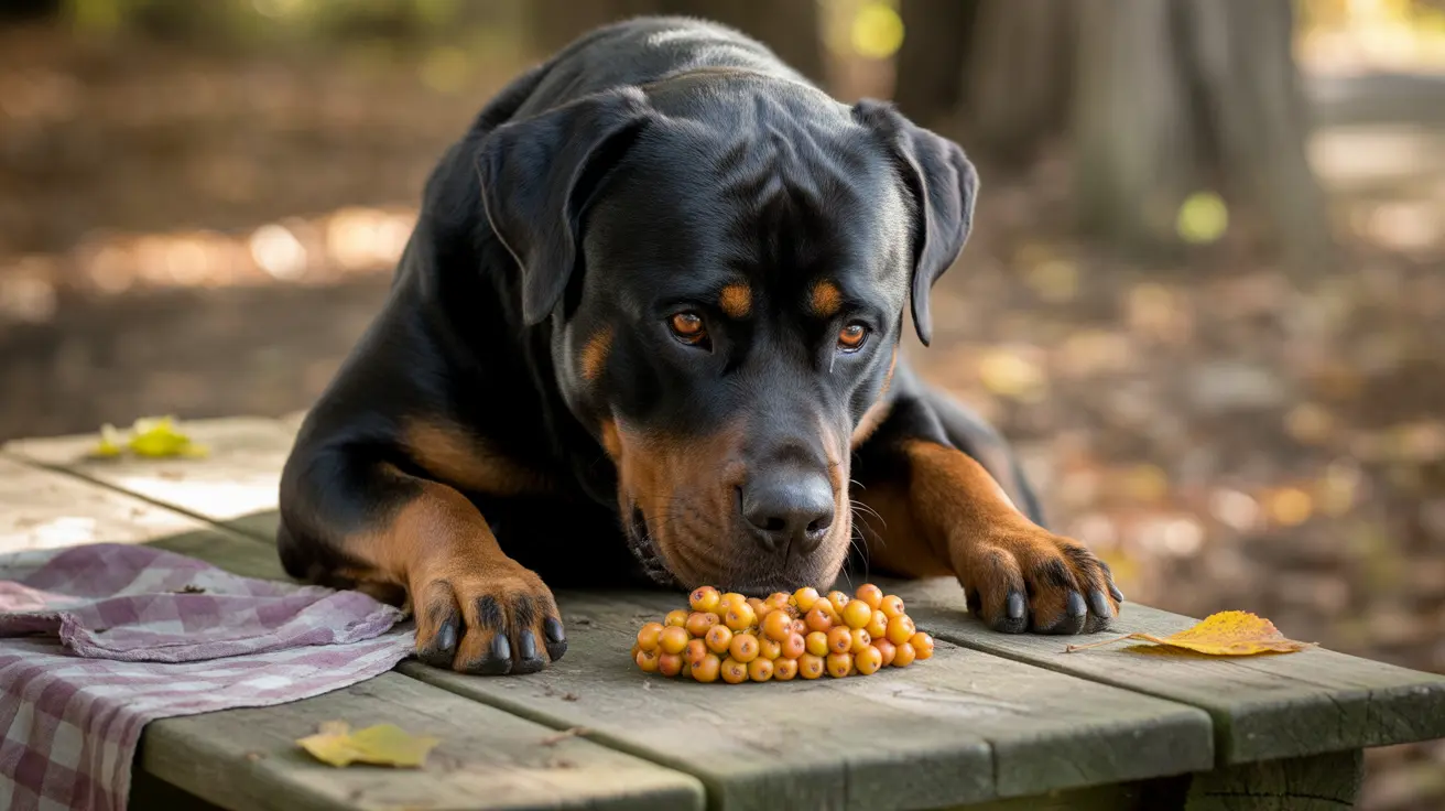 A Rottweiler lying on a wooden table with a cluster of yellow berries in front of it.