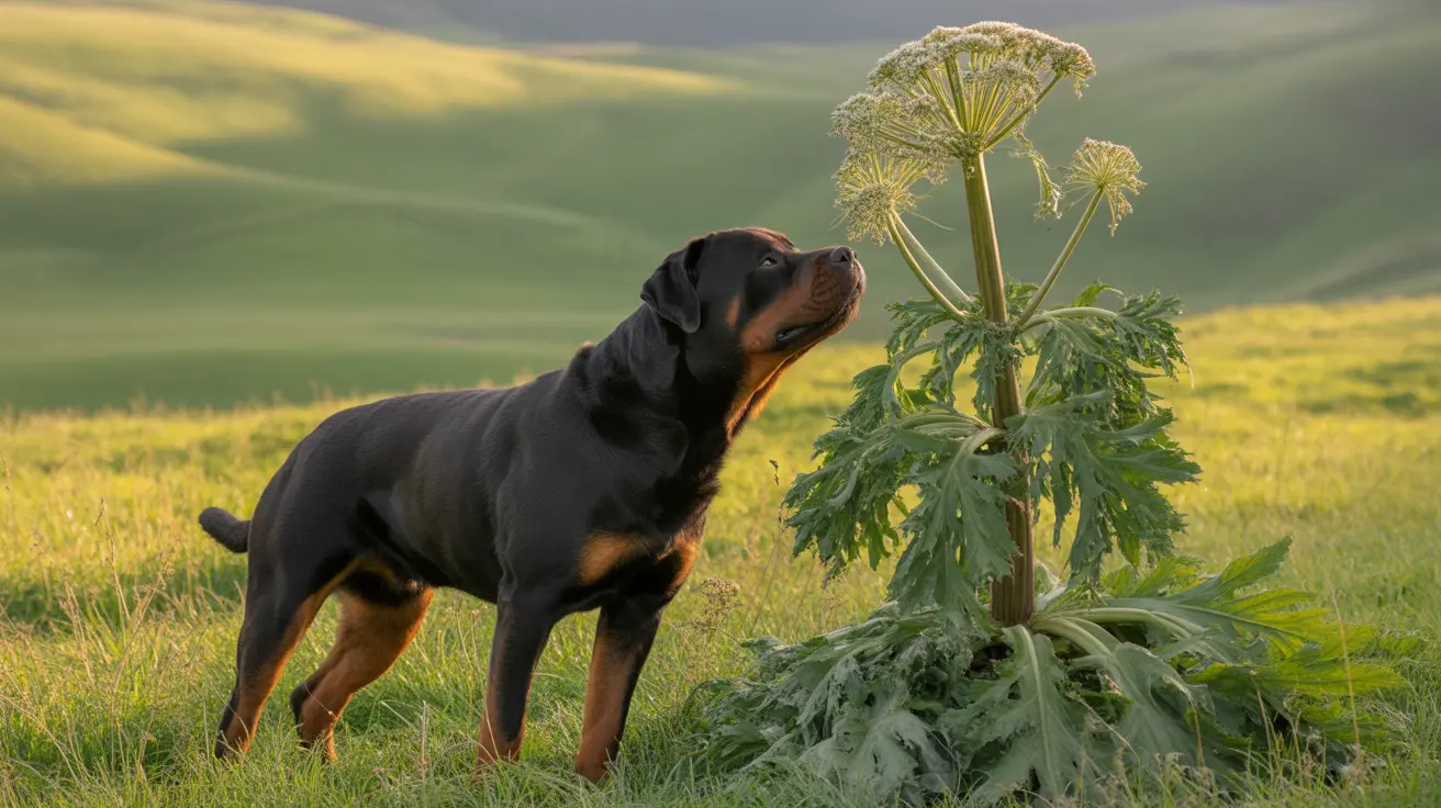 Rottweiler standing in a grassy field beside a tall flowering plant during golden hour