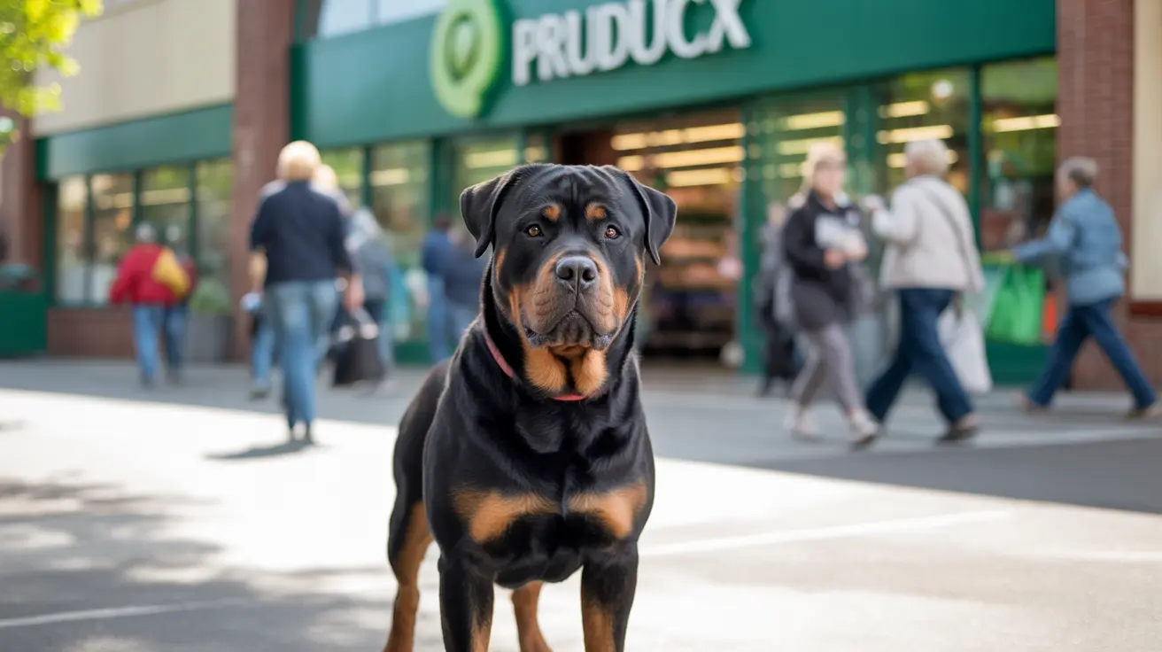 A strong, alert Rottweiler standing confidently in front of a Publix grocery store with blurred people in the background