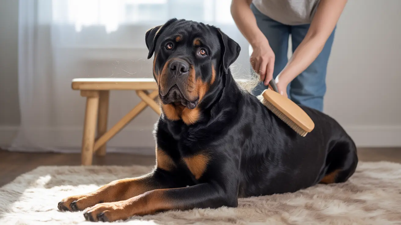 Large Rottweiler being groomed with a wooden brush on a soft rug in a bright, minimalist interior
