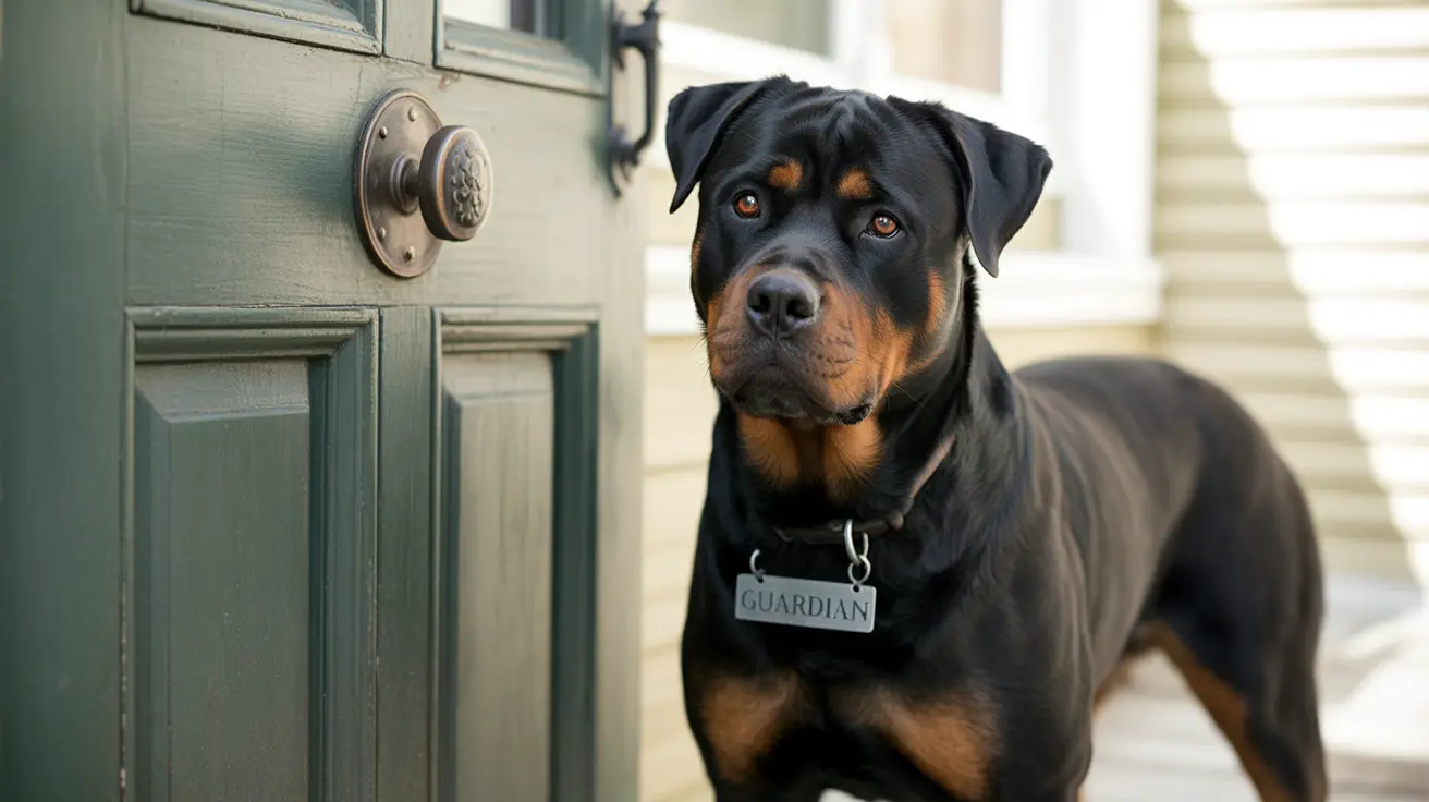 Un poderoso rottweiler de pie, alerta junto a una puerta verde con un pomo de puerta ornamental
