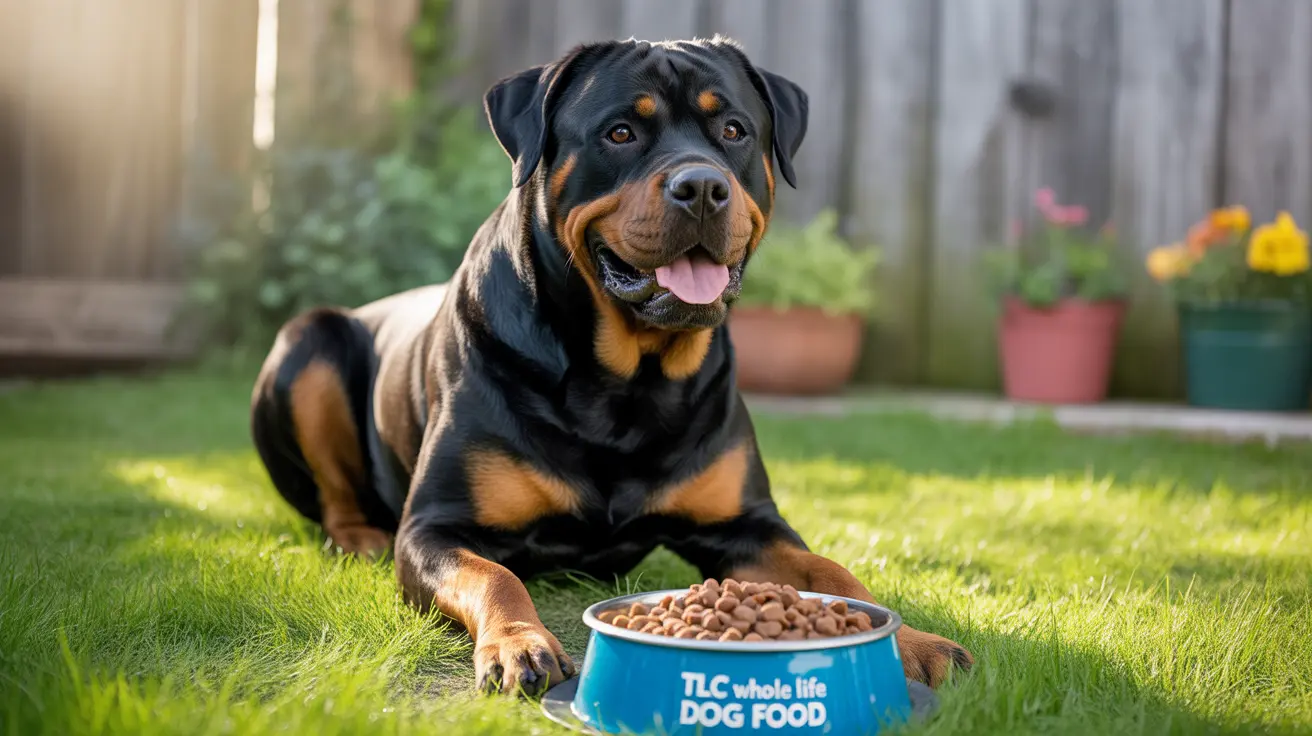 A happy Rottweiler sitting on green grass next to a full blue dog food bowl