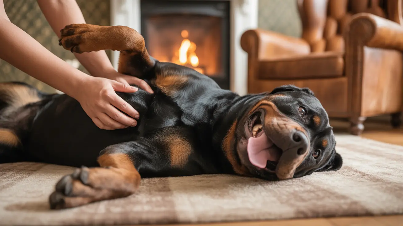 A happy Rottweiler dog receiving affectionate pets while lying on a carpet near a cozy fireplace