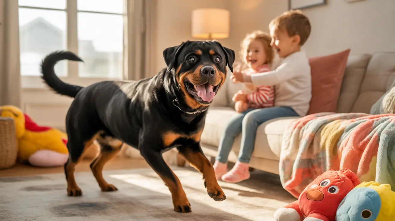Happy Rottweiler standing in bright living room with children playing on couch behind