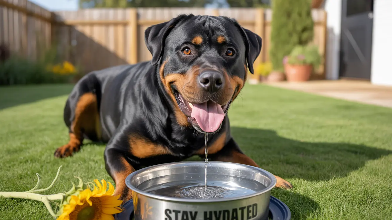 Um Rottweiler feliz sentado na grama verde ao lado de uma tigela de água, com um girassol próximo