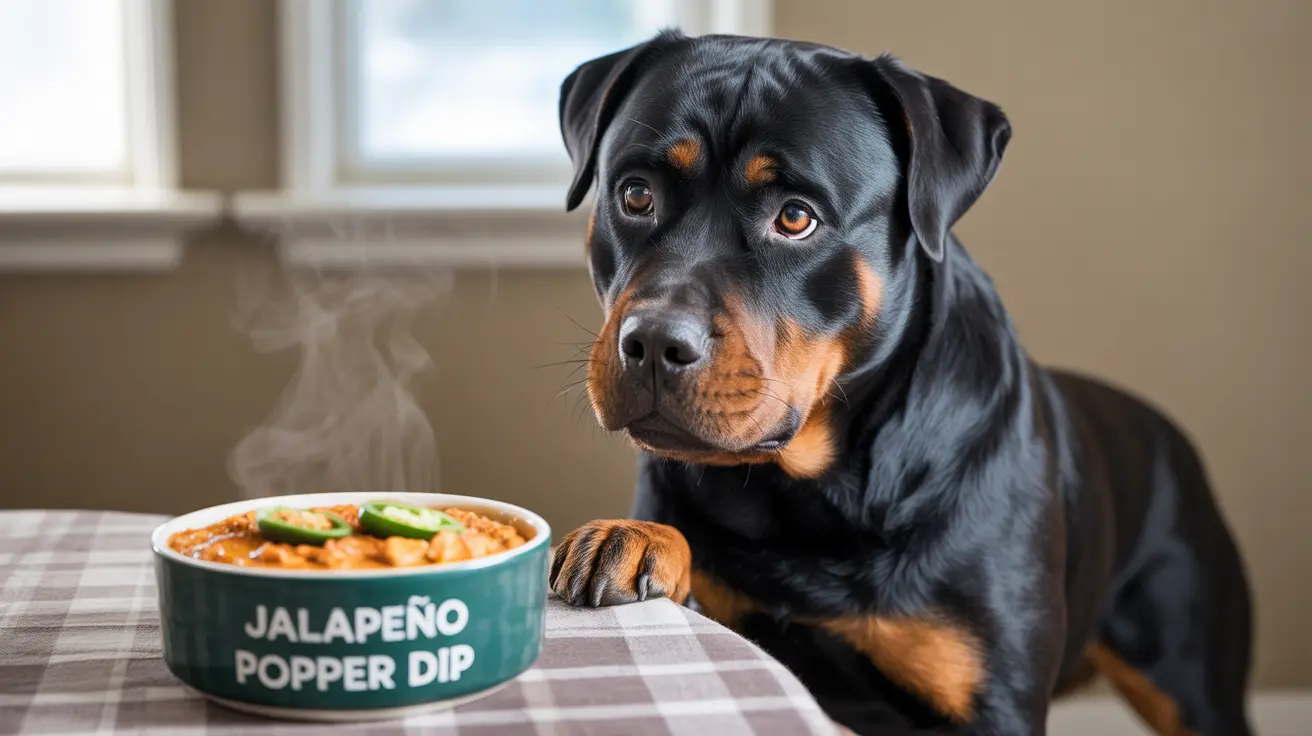A Rottweiler sitting attentively next to a steaming bowl of jalapeño popper dip
