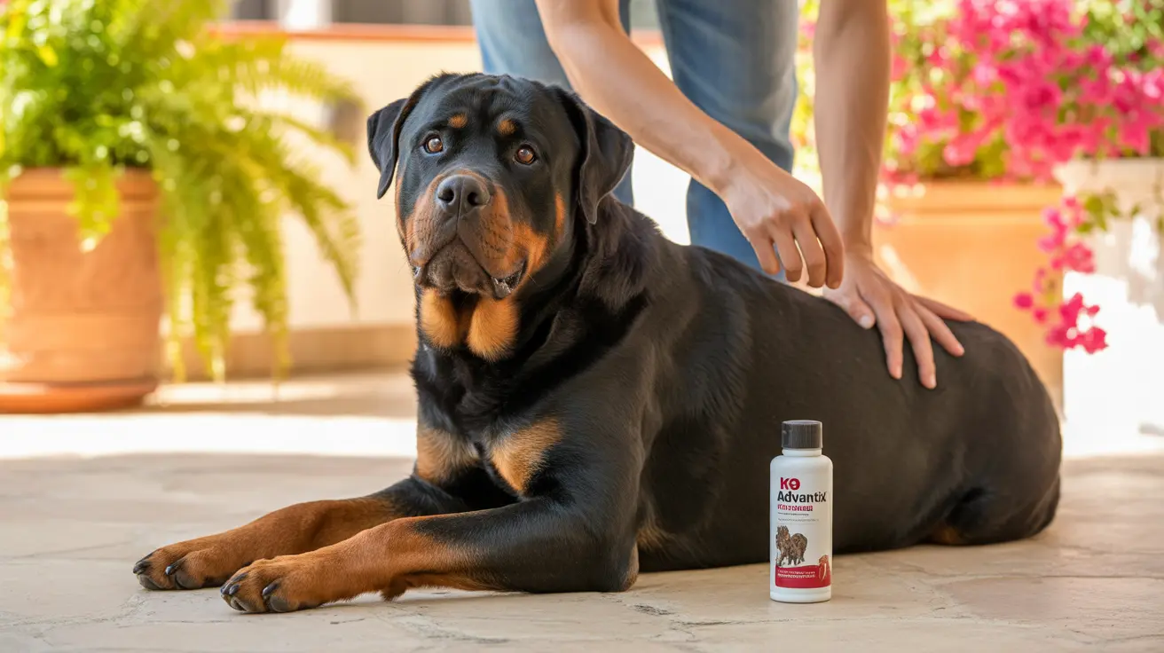 Majestic Rottweiler sitting calmly with a hand gently placed on its back next to a bottle of K9 Advantix
