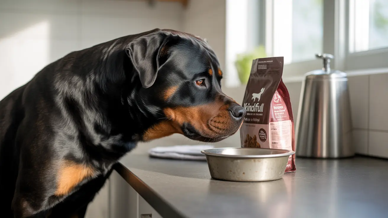 A Rottweiler examining a bag of Kindfull dog food beside a food bowl