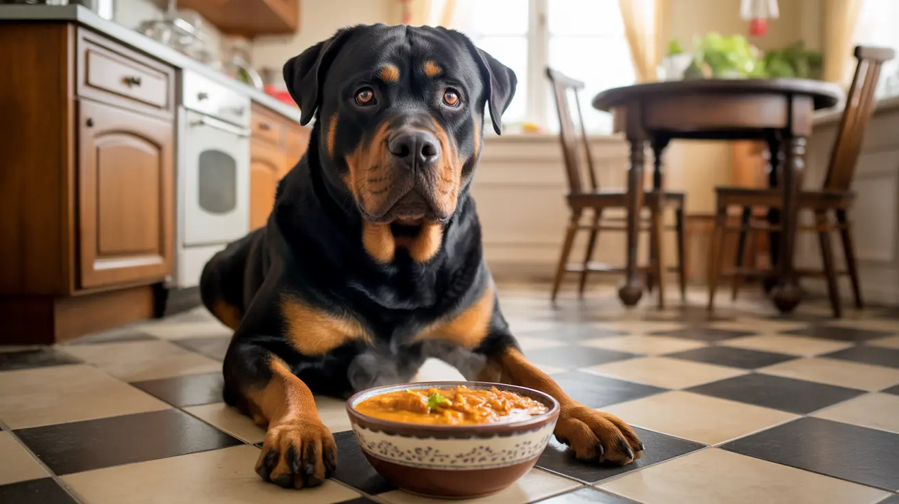 Rottweiler majestoso sentado atentamente na cozinha com uma tigela de comida à sua frente