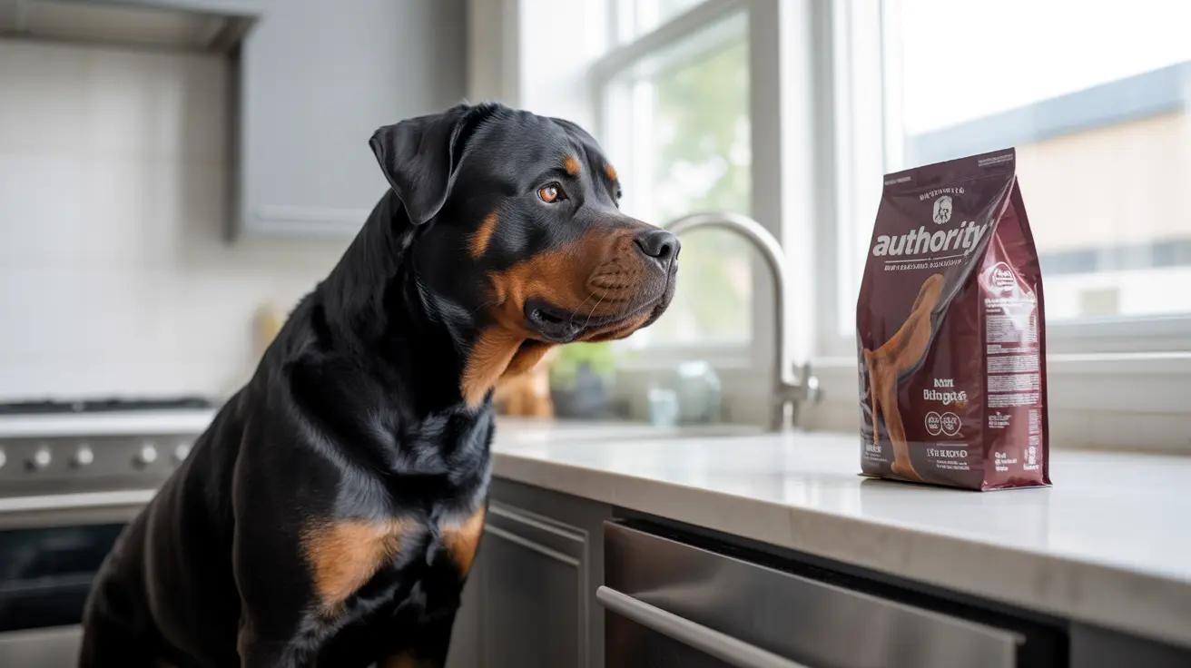 Un Rottweiler assis dans une cuisine moderne à côté d'un sac de nourriture pour chiens de la marque Authority