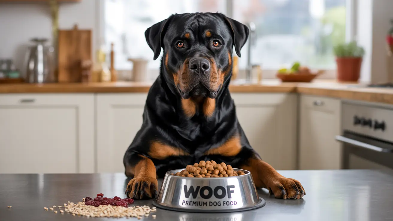 A Rottweiler sitting attentively at a kitchen counter with a full bowl of dog food