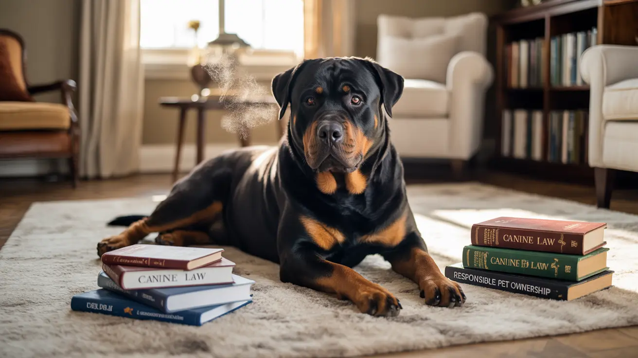 Dignified Rottweiler sitting on a soft rug surrounded by law books about canine regulations