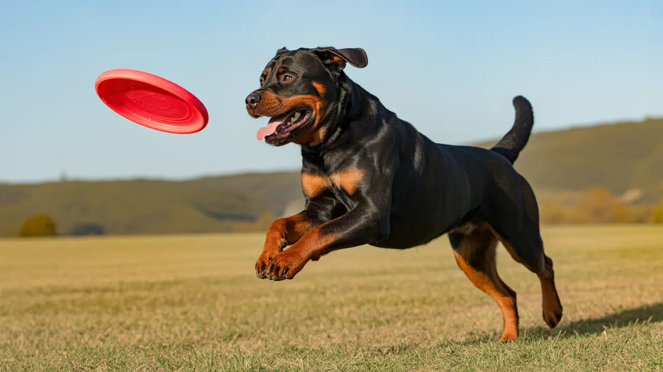 Rottweiler leaping mid-air playing with a red flying disc in an open field