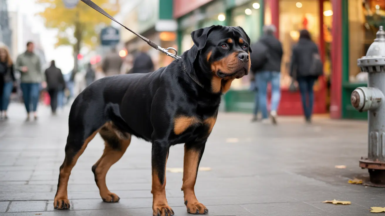 Rottweiler on leash standing alert in busy urban street