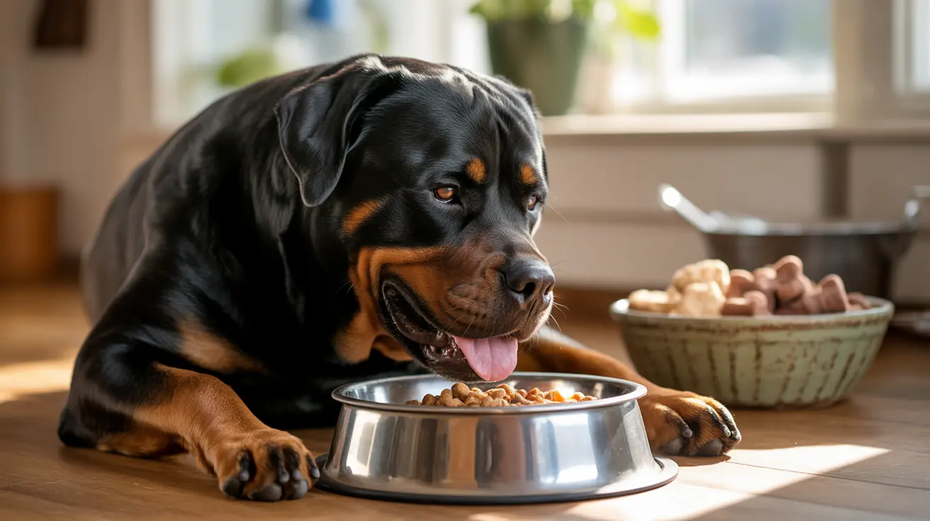 Rottweiler lying beside a metal bowl filled with kibble on a kitchen floor