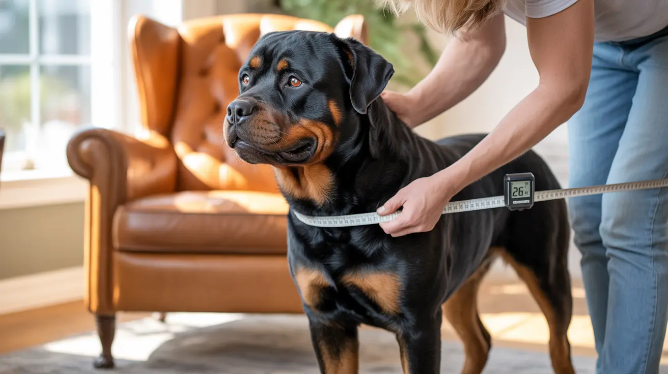 A Rottweiler being measured with a measuring tape around its chest by a person at home.