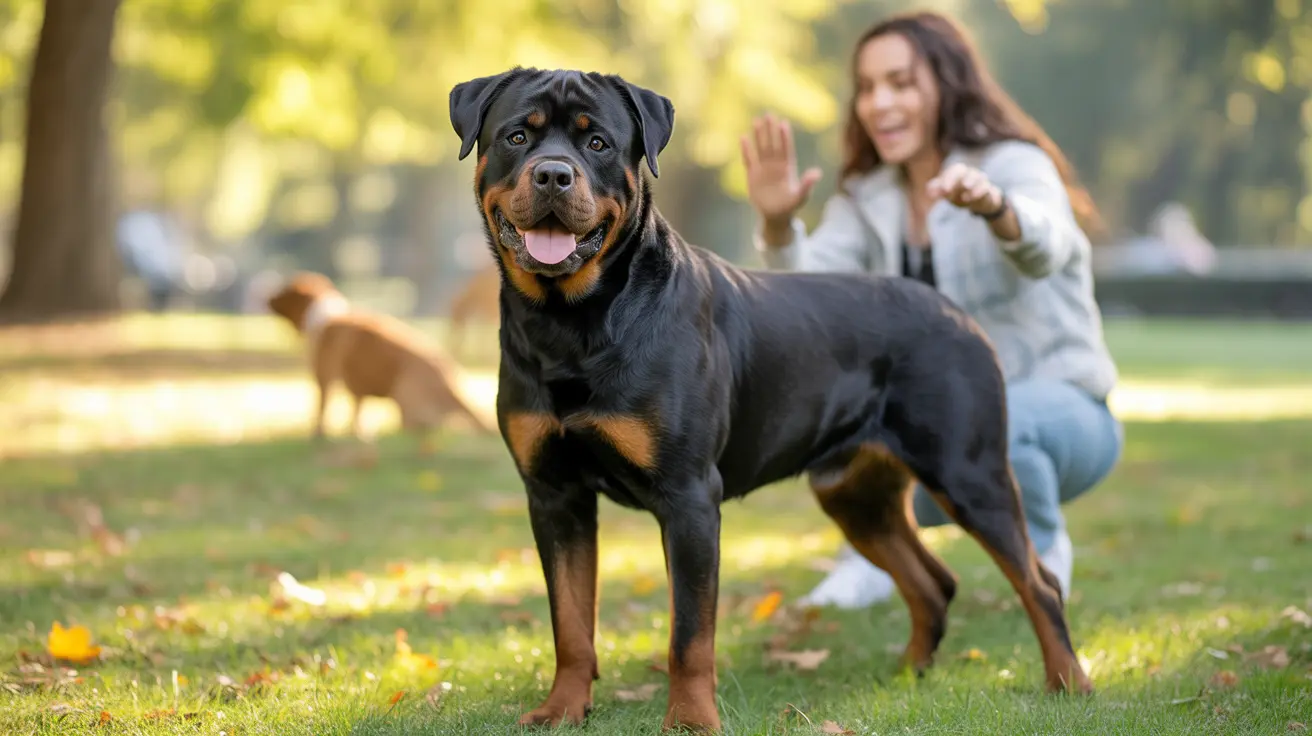 Confident Rottweiler standing in a park with a person and another dog in the background