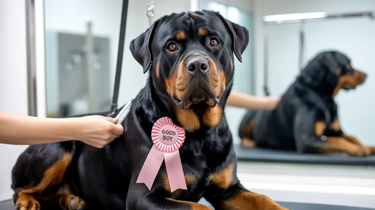A Rottweiler wearing a pink 'Good Boy' ribbon during a grooming session