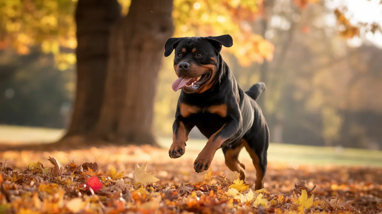 Rottweiler puppy running joyfully through fallen autumn leaves in a park