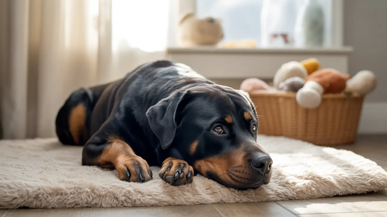 Young Rottweiler puppy lying on a soft beige rug in a bright indoor space