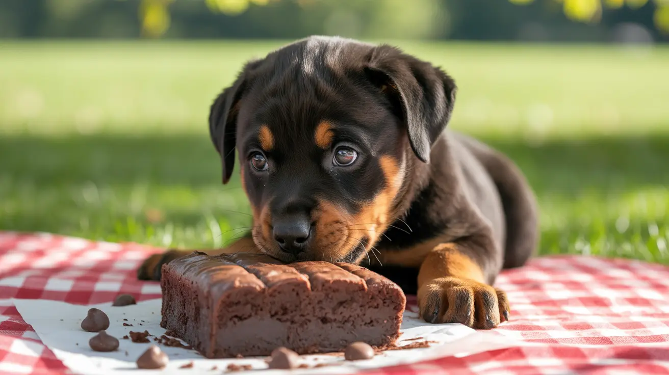 A young Rottweiler puppy sitting next to a chocolate brownie on a red and white checkered picnic blanket