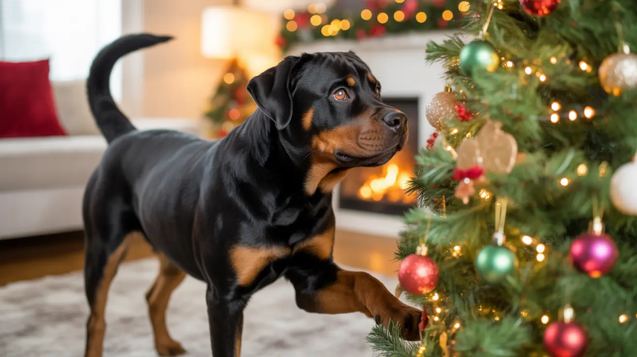Rottweiler puppy standing beside a decorated Christmas tree in a cozy living room