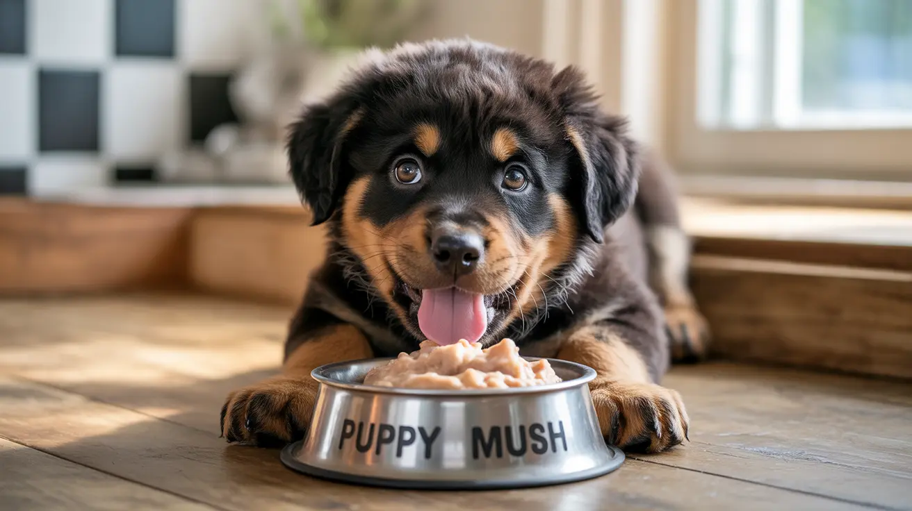A young Rottweiler puppy sitting in front of a food bowl labeled 'Puppy Mush', with its tongue out and looking adorable.