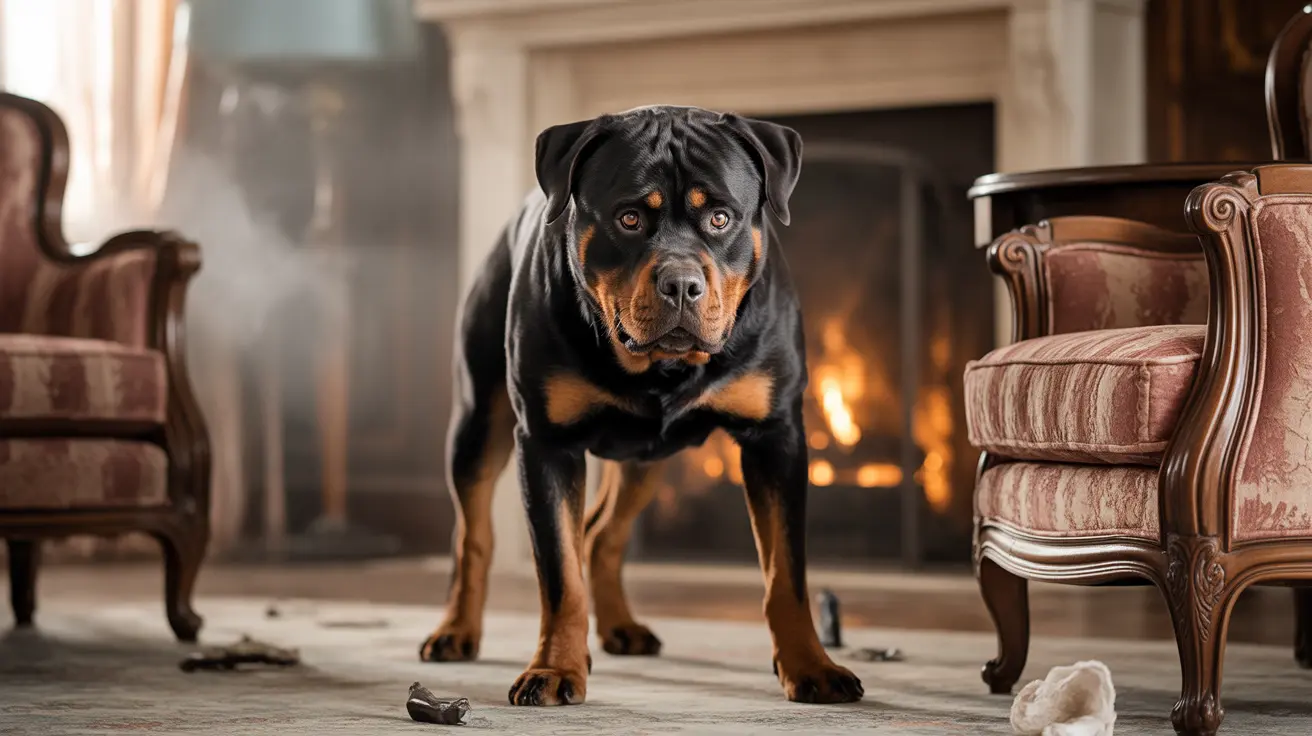 Rottweiler puppy standing alert in living room with glowing fireplace in the background