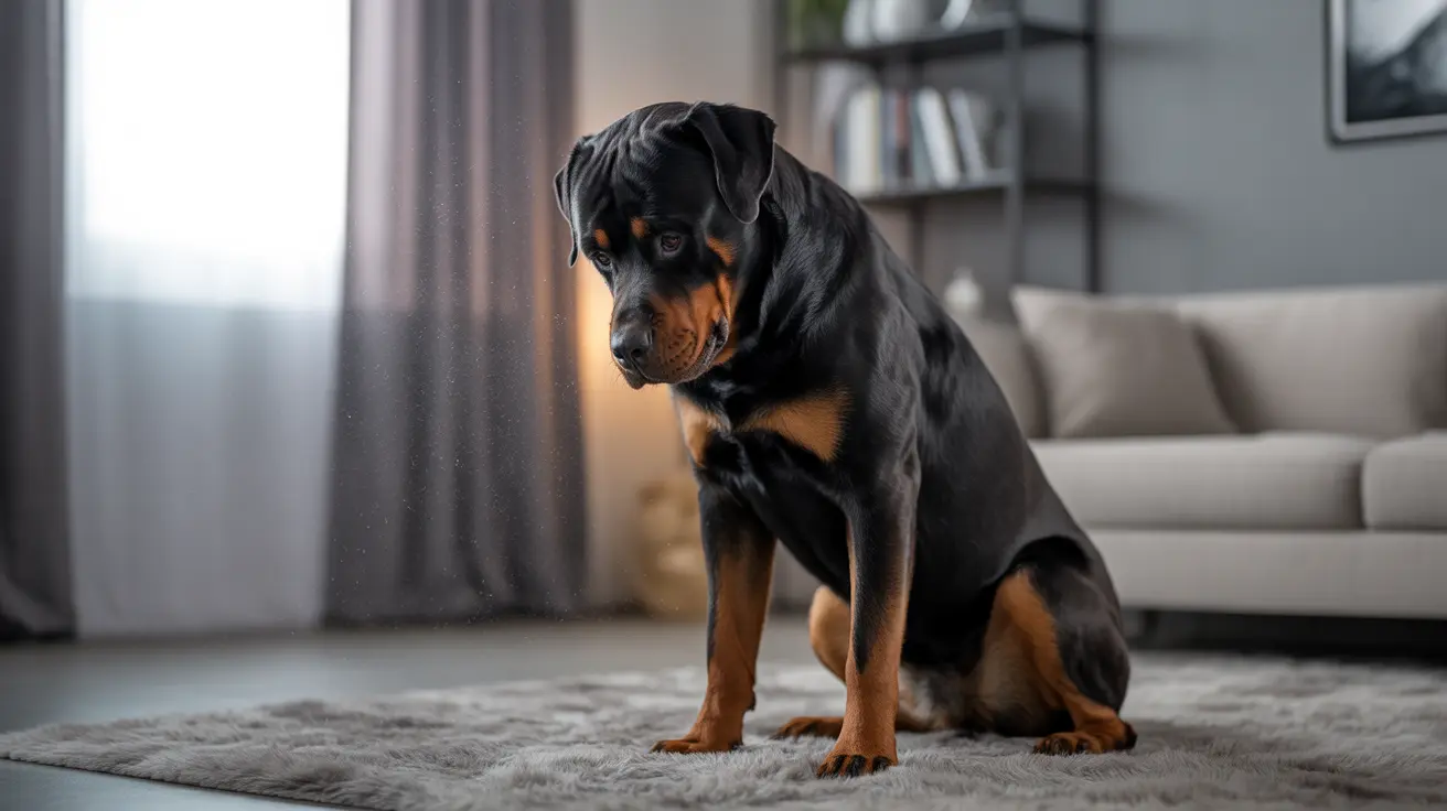 A young Rottweiler puppy sitting attentively on a soft gray rug in a modern living room interior