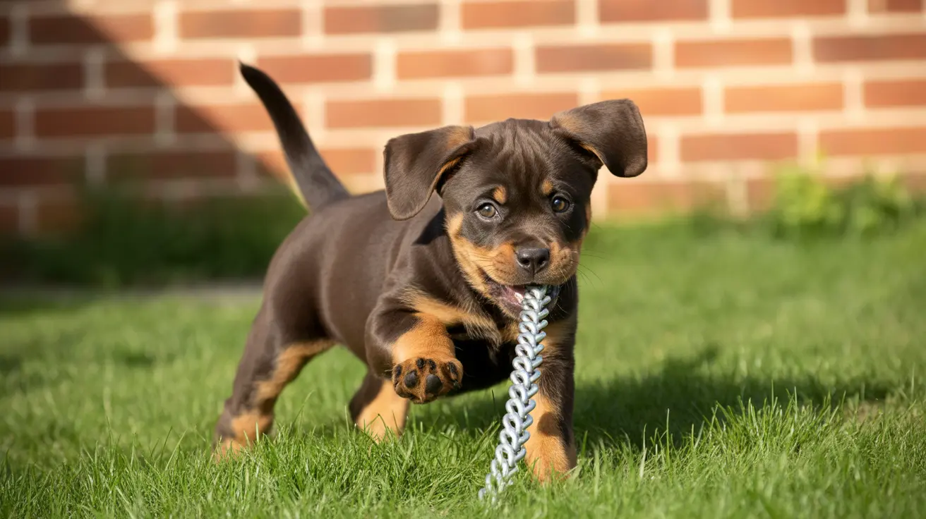 Rottweiler puppy playing with a rope toy on green grass in a backyard