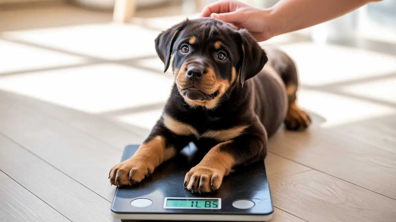 A young Rottweiler puppy sitting on a digital weighing scale, being measured and monitored.