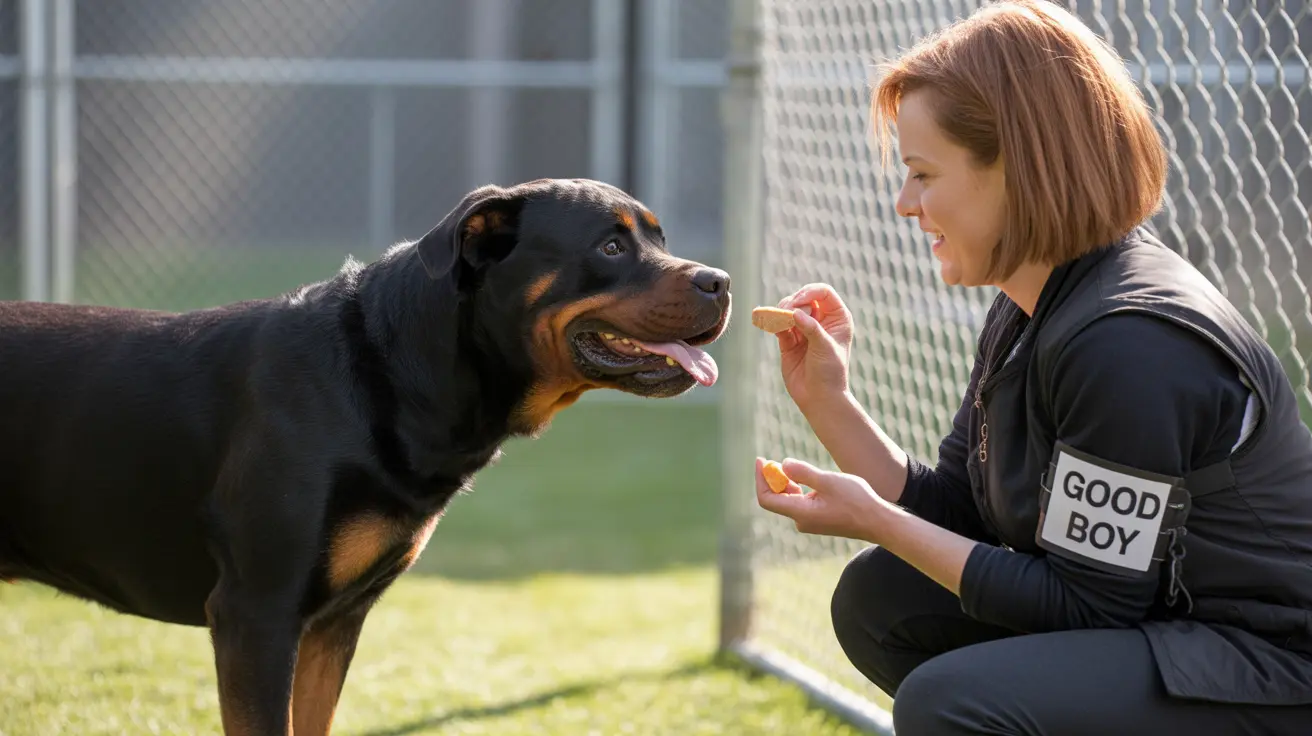 A Rottweiler receiving a treat from a shelter staff member in a fenced area