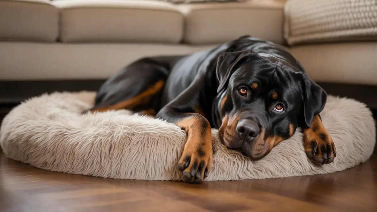 A calm Rottweiler resting on a soft, fluffy white dog bed in a living room