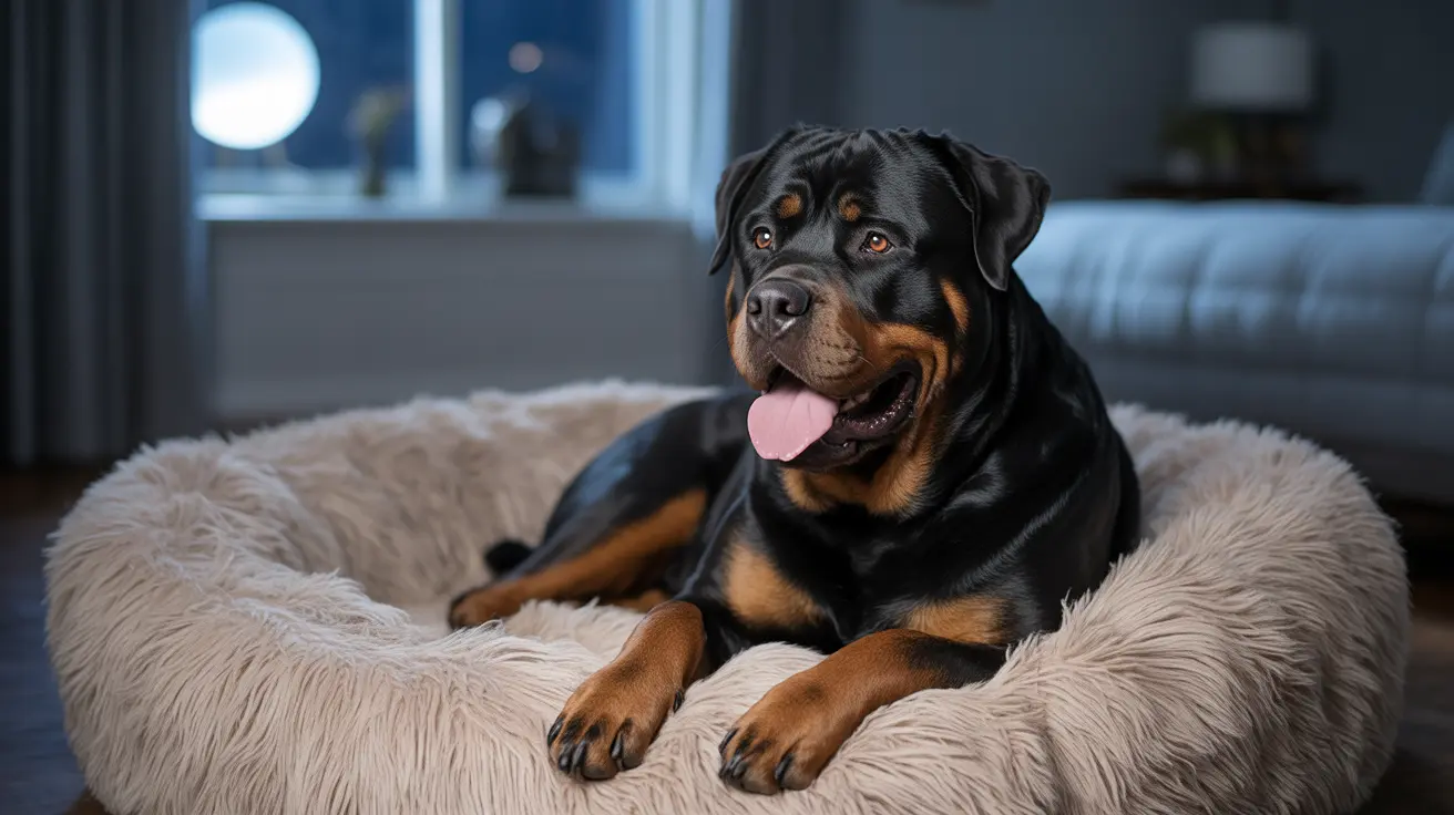 A Rottweiler resting comfortably on a fluffy white dog bed at night